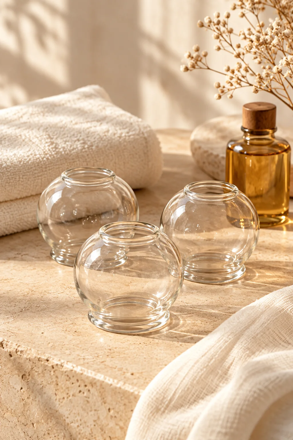 Glass cupping cups, towels and oil in warm natural light
