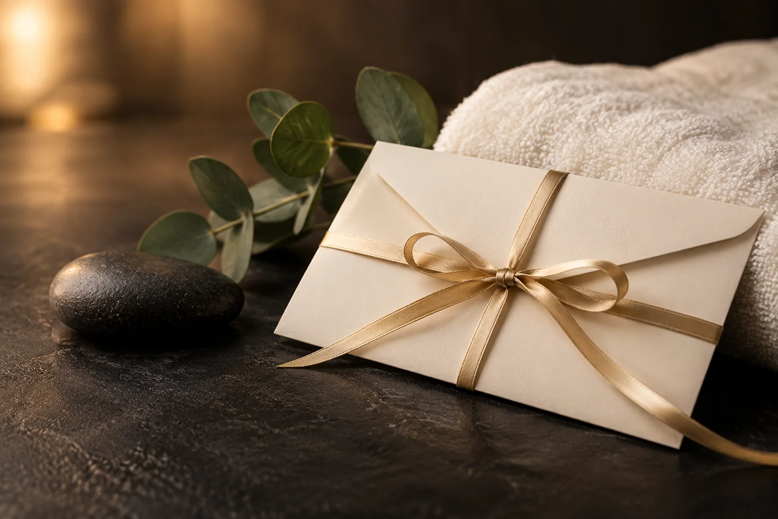 Gift voucher envelope beside a towel, massage stone and eucalyptus