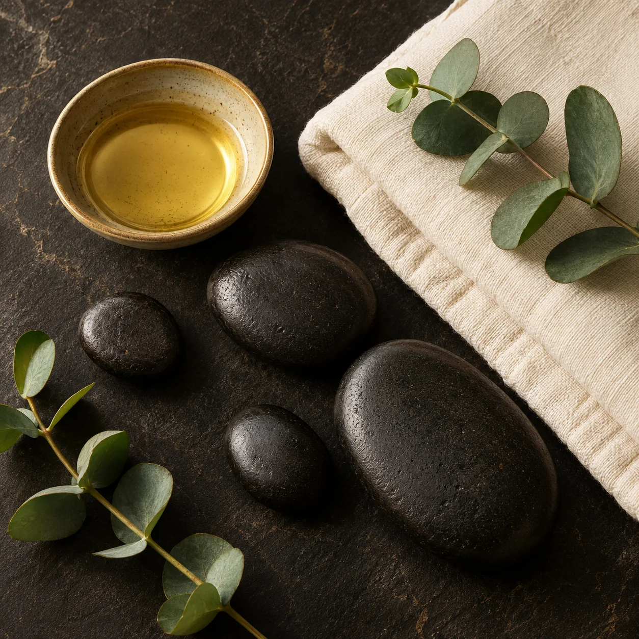 Basalt stones, oil and towels in a calm treatment atmosphere