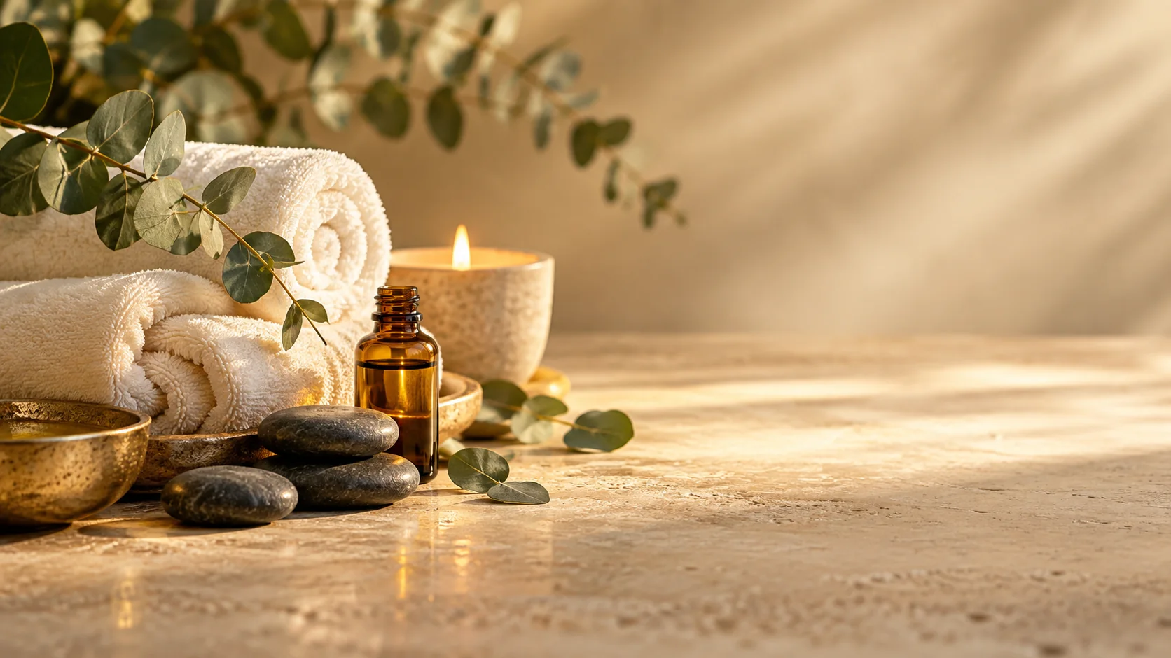 A calm massage atmosphere with towels, stones and oil